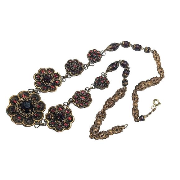 Vtg Western West Germany Or Czech Red Rhinestone Brass Tone Flower Necklace ** - Picture 8 of 11